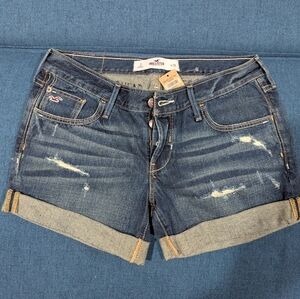 New Hollister Women's Distressed Dark Blue Jean Shorts